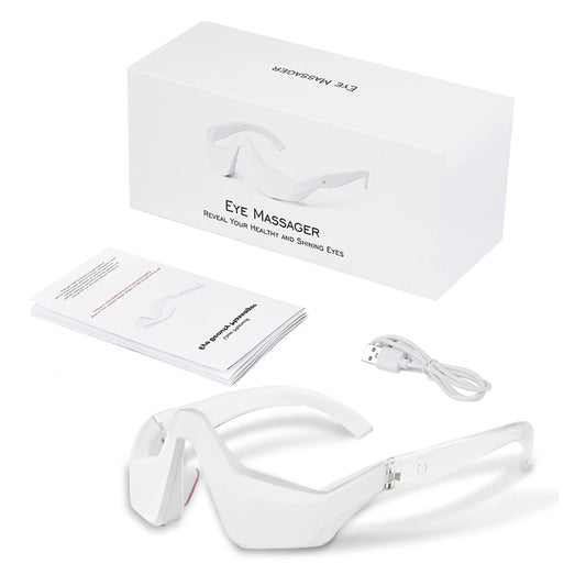RevivEye 3D eye massager — featherlight white frame with red light and EMS micro-current