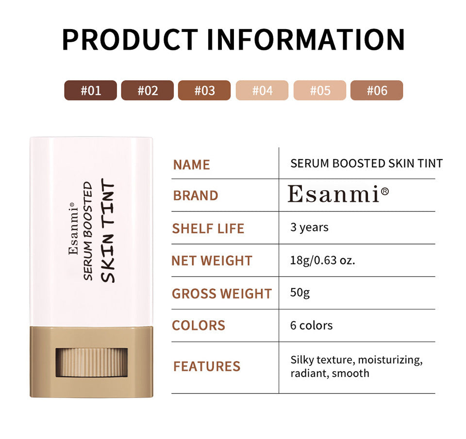 SilkTint product details: 18 gram stick, six shades, three year shelf life